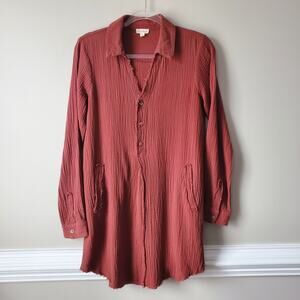Hem & Thread Brown Cotton Gauze Shirt Dress S Boho Beach Casual Scandi Summer